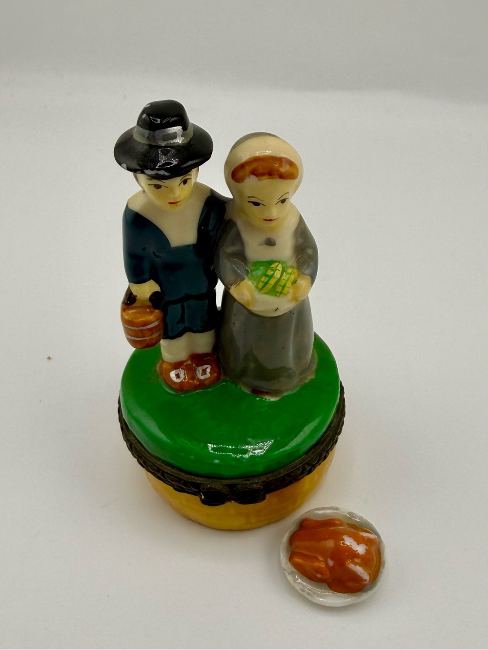Vintage Pilgrim Couple Trinket Box - Green, Yellow, Black